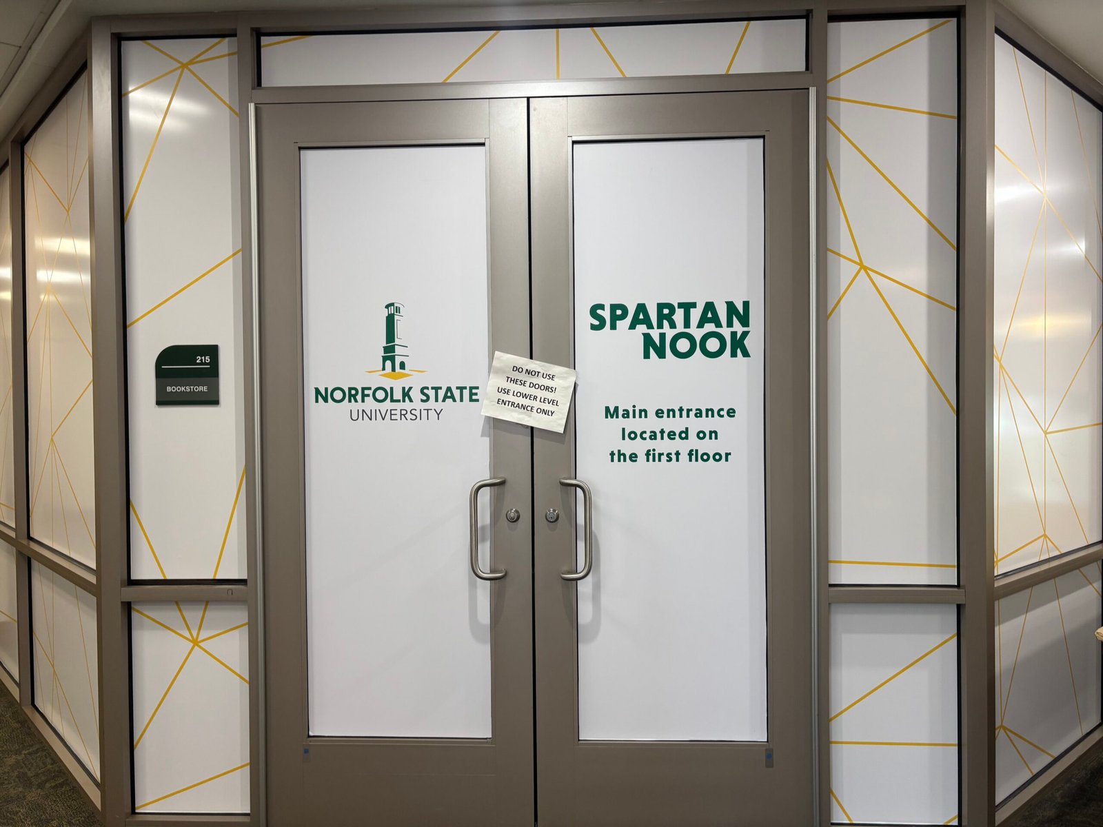 Norfolk State University Spartan Nook branded privacy-film entrance