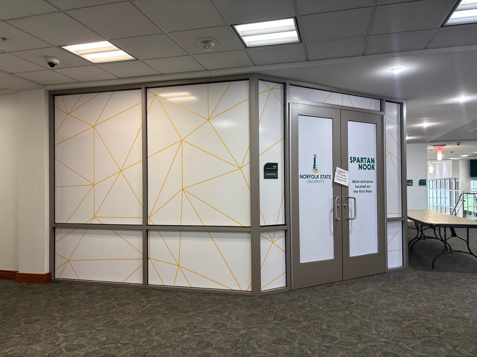 Norfolk State University Spartan Nook privacy film with gold geometric lines